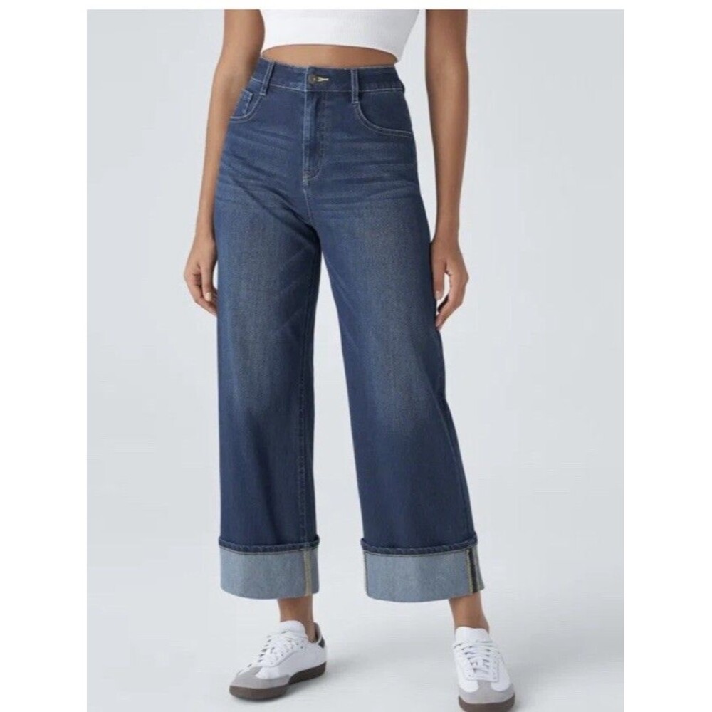 Halara Flex L TALL 12/14High Waisted Pockets Rolled Hem Wide Leg Casual Jeans